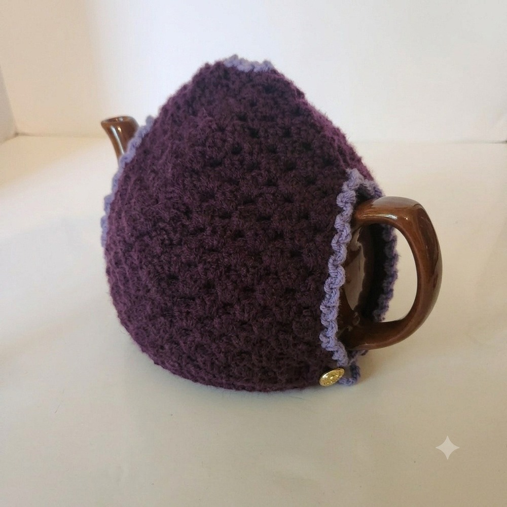 Handmade Crochet Tea Cozy Purple Lavender Scalloped Trim Gold Button Cottagecore